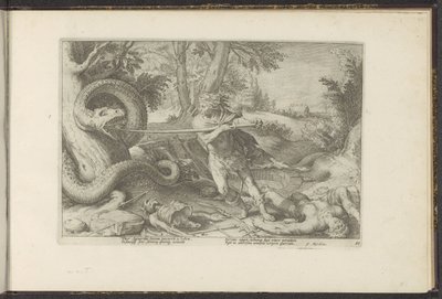 Cadmus يذبح التنين Ovid's Metamorphoses (عنوان السلسلة) P. Ovid's Re-Creations Naso (عنوان السلسلة) بواسطة هندريك جولتزيوس (ورشة عمل)
