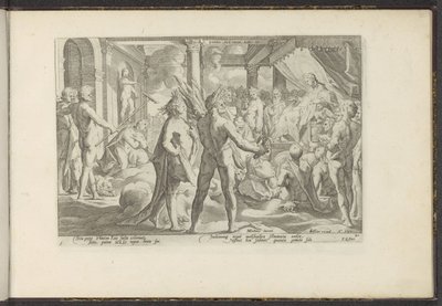 Phaëton in het paleis van Helios ميتا أوفيد. ليب. II (العنوان على الكائن) أوفيد ميتامورفوسن (عنوان المسلسل) أوفيديوس ناسو (عنوان المسلسل) بواسطة هندريك جولتزيوس (ورشة عمل)