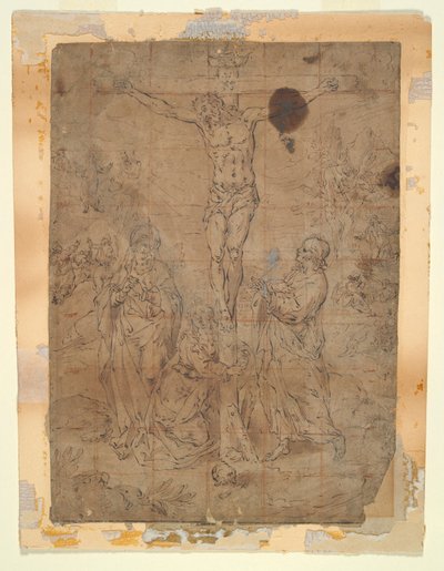 المسيح على الصليب بين العذراء والقديس يوحنا مع مشاهد الآلام في الخلفية بواسطة Hendrick de Clerck