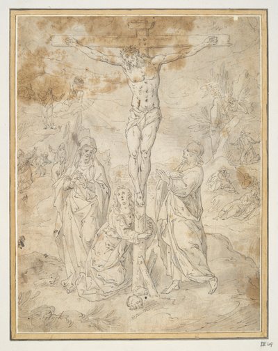 المسيح على الصليب بين العذراء والقديس يوحنا مع مشاهد الآلام في الخلفية بواسطة Hendrick de Clerck