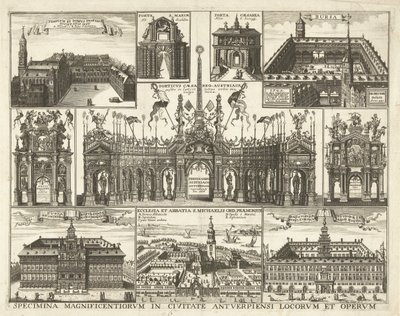 Blad met tien voorsetningen van de tocht van de Kardinaal Infant Ferdinand te Antwerpen، 1635 عينات من أروع الأماكن والأعمال في مدينة أنتويرب (العنوان على الكائن) بواسطة هندريك كوسي