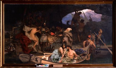 القراصنة. (مشهد حيث يعيدون غنائمهم وسجناءهم (رهائن) في كهف). لوحة هنريك سيميردزكي (1843-1902) ، زيت على قماش بواسطة هنريك سيميردزكي