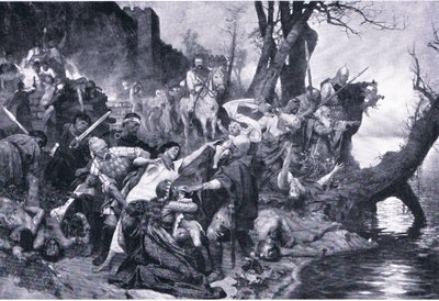 محاربو سفياتوسلاف في مذبحة تحت الجدران أود درستر (دوروستوروس) ، رسم توضيحي من معالم في التاريخ الأوروبي نشرته شركة جريشام للنشر ، حوالي عام 1920 (ليثو) بواسطة هنريك سيميردزكي