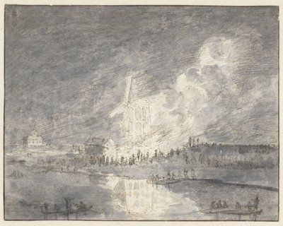 حريق في طاحونة هوائية على نهر Muiderdijk ، حوالي عام 1710 بواسطة ابراهام رادميكر (رفض الإسناد)