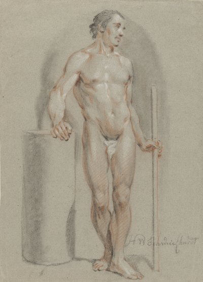 يقف الذكر عاريًا ، ممسكًا بعصا ، متكئًا على أسطوانة الاستوديو بواسطة Hendrik Willem Schweickhardt