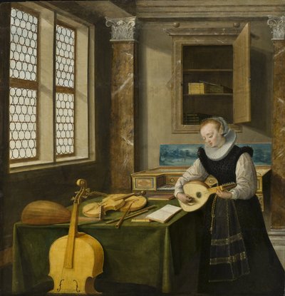 Dame jouant du luth - سيدة تعزف على العود ، بقلم ستينويك ، هندريك فان ، الأصغر (1580-1649). زيت على خشب. الأبعاد: ٦٥ × ٦٤ سم. المتحف الوطني ستوكهولم بواسطة هندريك فان (1580-1649) ستينويك