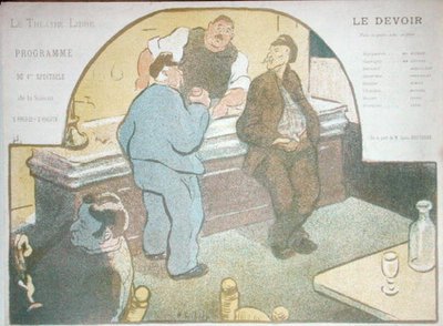 برنامج لموسم 1892-3 في مسرح ليبر ، باريس لمسرحية 'Le Devoir' تظهر رجالًا يشربون في حانة (لون ليثو) بواسطة هنري غابرييل ابلز