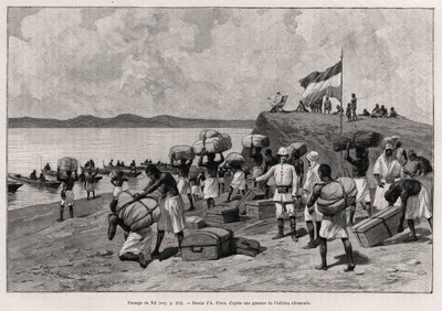 ممر النيل. نقش لباريس لتوضيح قصة "" Au secours d'Emin Pacha "، للدكتور بيترز (1856-1918) بواسطة هنري ألفونس لويس لوران ديسروسو