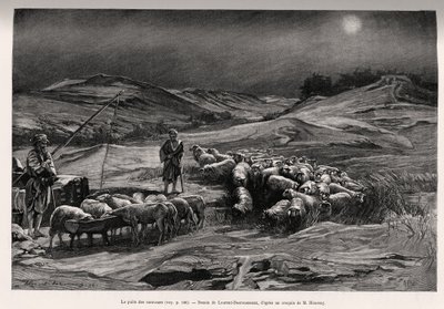 The trailer well. Engraving by Laurent Desrousseaux to illustrate the story “A travers la Perse meridionale””, by C.Babin and F.Houssay, in 1885, in Le tour du Monde 1892, directed by Edouard Charton (1807-1891), Hachette, Paris. بواسطة هنري ألفونس لويس لوران ديسروسو