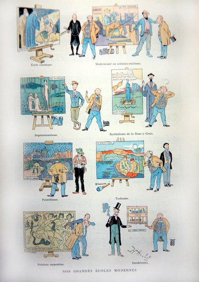 رسم كاريكاتوري يسخر من المدارس المختلفة للفن الحديث والرسم في نهاية القرن التاسع عشر ، من La Revue Illustree بواسطة هنري أفلوت