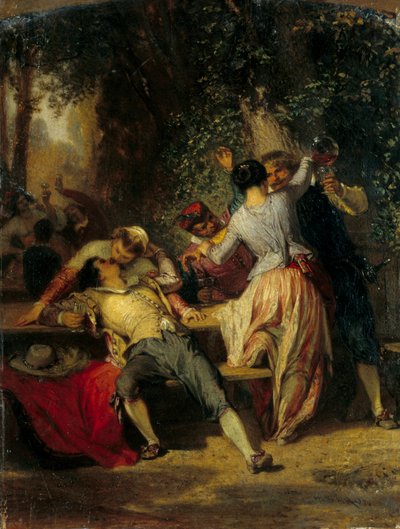 مشهد ملهى الأزواج الرقص والتقبيل. رسم هنري بارون (1816-1885) القرن التاسع عشر. 0،35 × 0،27 م بواسطة هنري بارون