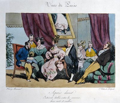 تصوير فكاهي لسلوك ومحادثات الضيوف بعد العشاء ، رسوم متحركة لـ "Vues de Paris، esquisses morales et Philpech" ، نقشها فرانسوا سيرافين ديلبش (1778-1825) (لون ليثو) بواسطة هنري بونافنتورا (بعد) مونير