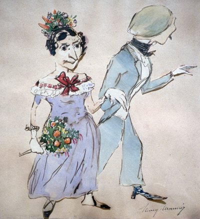 زوجان مع باقة زهور". لوحة مائية لهنري مونييه (1805-1877) رسام الكاريكاتير الفرنسي. رجل وامرأة بواسطة هنري بونافنتشر منير