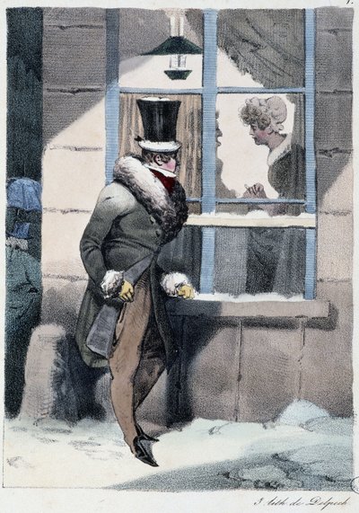 Curious man looking out the window inside a house: “” Everyone takes his pleasure where he finds him”” - in “” Les pastemps”” by Henri Monnier, ed. Delpech, Paris بواسطة هنري بونافنتشر منير