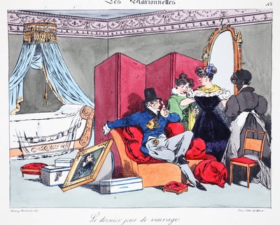 اليوم الأخير من الترمل ، رسم توضيحي من "Les Marionnettes" بواسطة هنري مونير ، طبع بواسطة Delpech ، حانة. باريس ، c.1828 (ليثو ملون) بواسطة هنري بونافنتشر منير