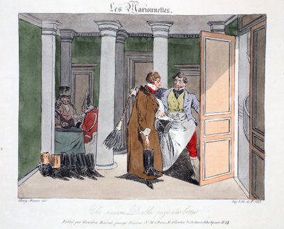 شيطان فقير يدفع مقابل الأحذية ، التوضيح من "Les Marionnettes" بواسطة هنري مونير ، طبع بواسطة Delpech ، الحانة. باريس ، c.1828 (ليثو ملون) بواسطة هنري بونافنتشر منير