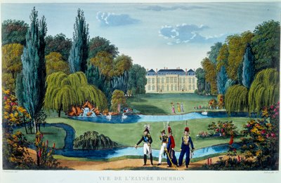 منظر لقصر الإليزيه بوربون (Elysee Bourbon) والحدائق. نقش كورفوازييه من 1815-1820 في "" Vues de Paris " بواسطة Henri Courvoisier-Voisin