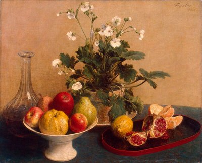 زهور ، صحن مع فواكه وكارافيه ، ١٨٦٥. بواسطة Ignace Henri Jean Fantin Latour