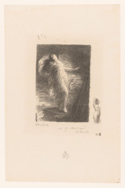 Jonge vrouw uit Taranto valt van de boeg van een schip الشاب تارنتين مرثية XX (في النمط القديم) Gedichten van André Chénier (عنوان المسلسل) رسوم توضيحية لقصائد أندريه شينييه (عنوان السلسلة) بواسطة Ignace Henri Jean Fantin Latour