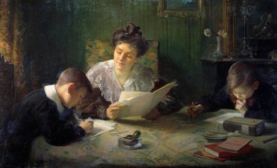 الواجب المنزلي الأم تساعد الأطفال في أداء واجباتهم المدرسية. رسم هنري جاميت (1858-1940) القرن العشرين في أورليانز ، متحف الفنون الجميلة بواسطة هنري جاميت