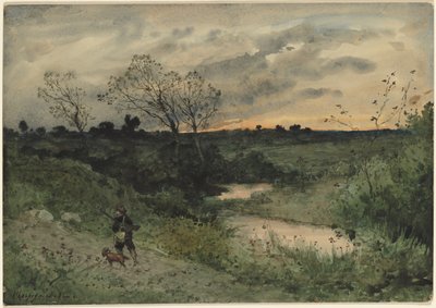 Dawn— Hunter with Dog بواسطة هنري جوزيف هاربينييس