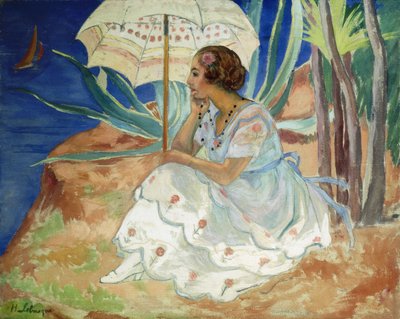 شابة بمظلة ، القديس مكسيم ؛ فتاة صغيرة في "Ombrelle Saint-Maxime ، c.1918 بواسطة هنري ليباسك