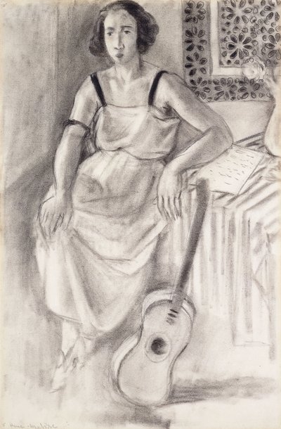 امرأة جالسة مع غيتار، حوالي 1921-1923 (فحم على ورق) بواسطة هنري ماتيس