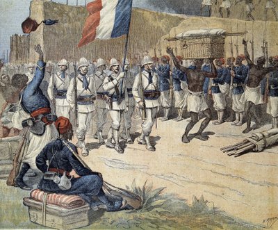 في داهومي (بنين الآن): دخول العلم الفرنسي على أبومي - في "" Le Petit Journal "في 10/12/1892 بواسطة هنري ماير