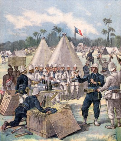 جنود فرنسيون يفتحون علب هدايا للسنة الجديدة في داهومي ، أفريقيا ، 1892 بواسطة هنري ماير