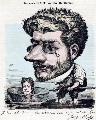 جورج بيزيه (1838-1875) ، ملحن فرنسي - كاريكاتير ، مع توقيعه من بيزيه ، بواسطة هنري ماير ديت ريم (1844-1899) عن "" ديوجين " بواسطة هنري ماير