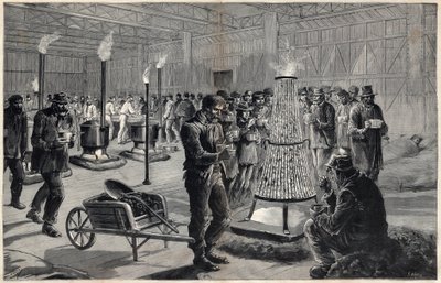 الملجأ الليلي لقصر الفنون الحرة في الشانزليز دي مارس في عام 1891 - رسم هنري ماير ، نقش بواسطة نافيلييه في "مجلة لو جورنال لامعة" "عام 1891 بواسطة هنري ماير