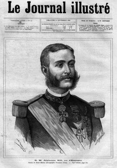 صورة لألفونسو الثاني عشر ملك إسبانيا (ألفونس الثاني عشر) (1857-1885) ، ملك إسبانيا - صفحة غلاف "يوميات مصورة" من عام 1883 - رسم هنري ماير (1844-1899) بواسطة هنري ماير