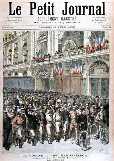 بداية الحشد المشارك في سباق باريس - بلفور الذي نظمته مجلة PetitJournal - في "Le petit journal" "" بتاريخ 18/06/1892. بواسطة هنري ماير