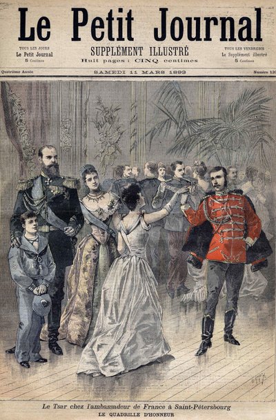 القيصر الكسندر الثالث في سفير فرنسا كونت مونتيبيلو في سانت بطرسبرغ عام 1893. شبكة الشرف. غلاف مجلة Le Petit Journal 1893 (نقش) بواسطة هنري ماير