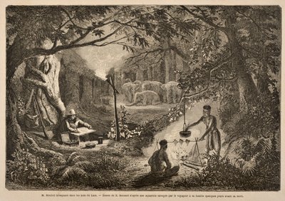Henri Mouhot Camping in Jungles of Laos ، رسم توضيحي من "رحلات في الأجزاء الوسطى من الهند الصينية (سيام) وكمبوديا ولاوس خلال الأعوام 1858 و 1859 و 1860" بقلم م. هنري مووت بواسطة هنري موهوت