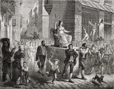 موكب إلهة العقل ، 10 نوفمبر 1793 ، من "تاريخ الثورة الفرنسية" بواسطة لويس بلانك (1811-1882) منقوش بواسطة ماير هاين ، 1847-1862 بواسطة هنري رينو
