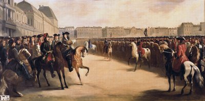 القيصر بطرس الأول الأكبر لروسيا (1672-1725) برفقة الوصي فيليب الثاني دوق أورليانز (1674-1723) أثناء زيارته لفرنسا يستعرض القوات الخيالة في التويلري (باريس) في 16/06/1717 بواسطة هنري سرور
