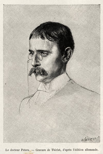 صورة للدكتور كارل بيترز (1856-1918) المستكشف الألماني. نقش لثيريات لتوضيح قصة "Au secours d'Emin Pacha" للدكتور بيترز (1856-1918) بواسطة هنري تيريات