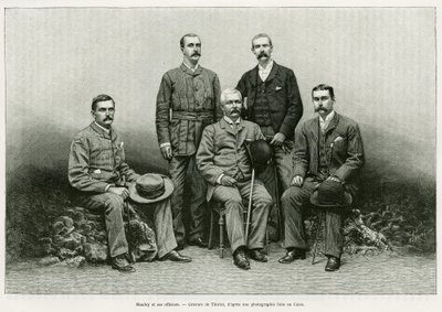 صورة هنري مورتون ستانلي (جون رولاندز 1841-1904) تحيط بضباطه من اليسار: الدكتور توماس هيزل بارك (1857-93) ، روبرت إتش نيلسون ، ويليام جي ستيرز ، وآرثر جي إم جيفسون. نقش من قبل Thiriat ، لتوضيح قصة Dans les tenebr بواسطة هنري تيريات