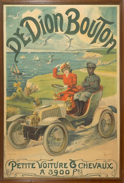 إعلان عن سيارات De Dion Bouton التي تصور La Belle Otero على عجلة القيادة وميشيل زيليت ، خادم مركيز ديجون بجانبها بواسطة هنري تيريت