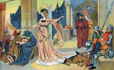 تعويذة الرسوم سكان القلعة بعصاها السحرية لإبقائهم نائمين طالما الأميرة. "" La belle au bois dormant "" ، حكاية تشارلز بيرولت (1628-1703) (الجمال النائم) الرسوم التوضيحية هنري تيريت (1873-1946). حوالي عام 1930 بواسطة هنري تيريت