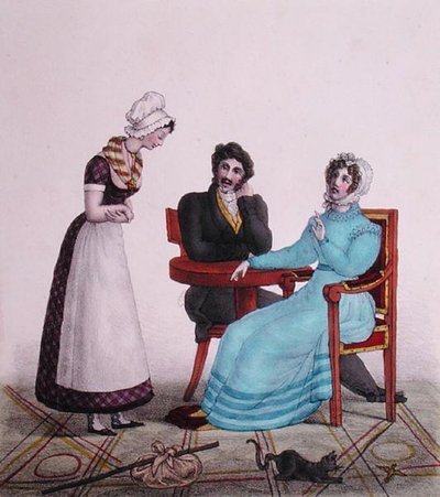"وفوق كل شيء ، كن جيدًا!" ، رسم كاريكاتوري لزوجين يتحدثان إلى خادمتهما قبل أن تغادر ، حوالي 1820-30 (لون ليثو) بواسطة هنري فيلان