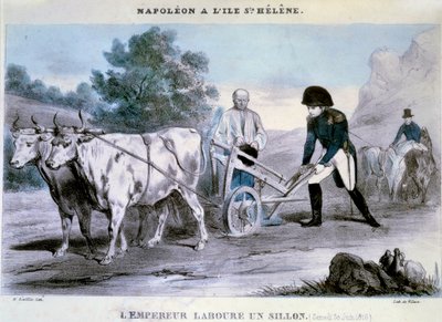 Napoleon I (1769-1821) a Saint Helene: the emperor plows a furrow (30/06/1816) Lithography of Villain. 1816 Ile d