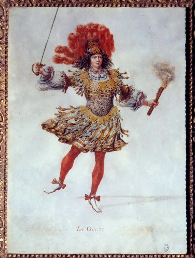 زي الحرب، يحمل شعلة بيد واحدة وسيفًا باليد الأخرى في مسرحيات باليه "Les noces de Pelee et Thetis" (Le Nozze di Peleo et di Teti) لكارلو كابريولي (أو كابرولي) ديل فيولينو. في 26/01/1654 في بير بوربون. دور الحرب بواسطة هنري دي جيسي
