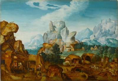 المناظر الطبيعية الصخرية مع فورج الرحلة إلى مصر ، قبل عام 1550. بواسطة التقى Henri de Herri مع de Bles