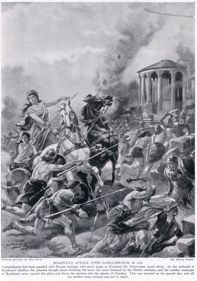 هجوم Boadicea على Camulodunum في 60 بعد الميلاد ، من `` قصة هاتشيسون للأمة البريطانية &39;&39; ، c.1920 بواسطة هنري أ. باين