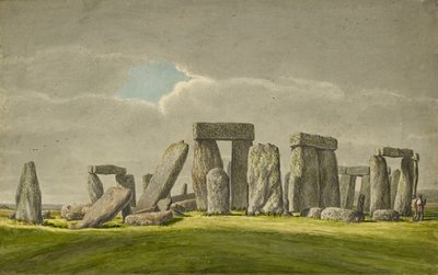 ستونهنج من الجنوب الشرقي ، تظهر الحجارة في حالة مدمرة مع زائرين اثنين ، 1824-1839 بواسطة هنري براون