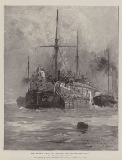 بعد تجربتها بالنار ، جر HMS Belleisle إلى ميناء بورتسموث بواسطة Henry Charles Seppings Wright