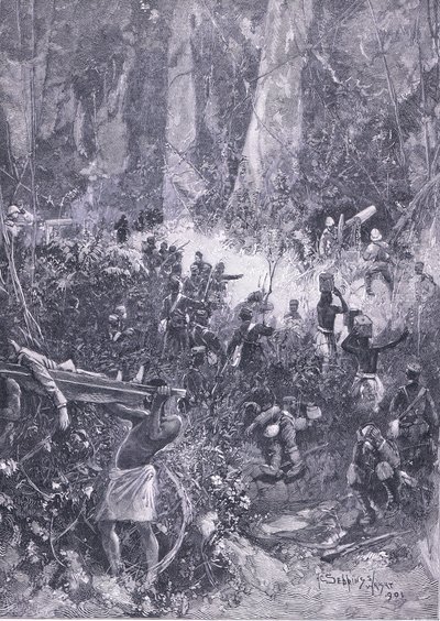 حرب أشانتي 1900: معركة في الغابة ، رسم توضيحي من تاريخ كاسيلز إنجلترا ، 1900 بواسطة هنري تشارلز سيبينجز رايت