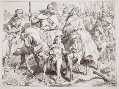 حراس Hereward Alftruda إلى مكان آمن ، التوضيح من Hereward the Great بواسطة Charles Kingsley ، حانة. عام 1870 ، نقشها سي جي لويس (نقش ألواح الصلب) بواسطة هنري كورتني سيلوس